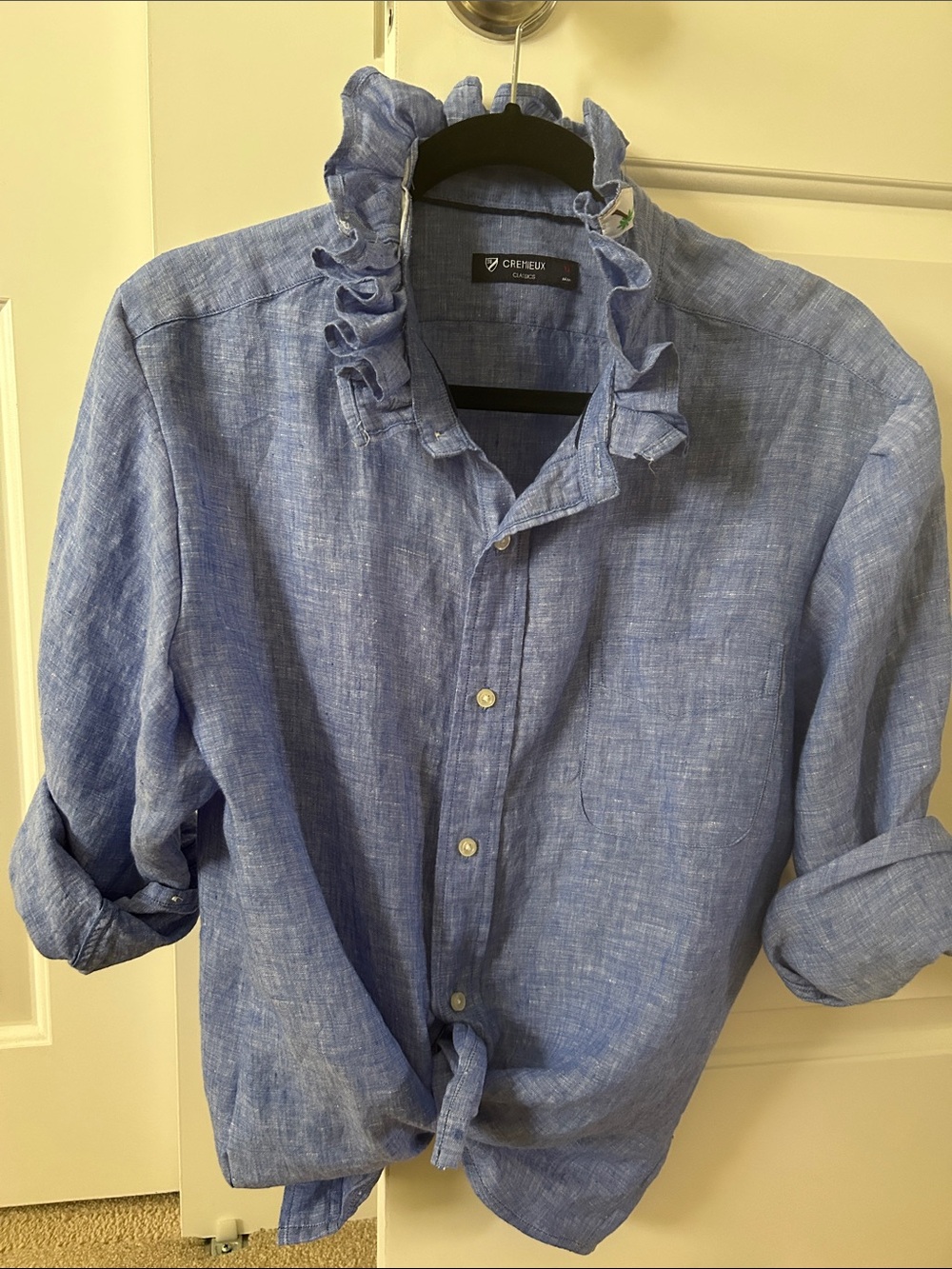 Daniel Cremieux Light Blue Ruffle-Collar Linen Shirt recreated for a woman.
